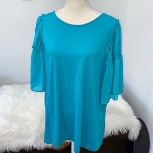 Turquoise sheer ruffle arm blouse